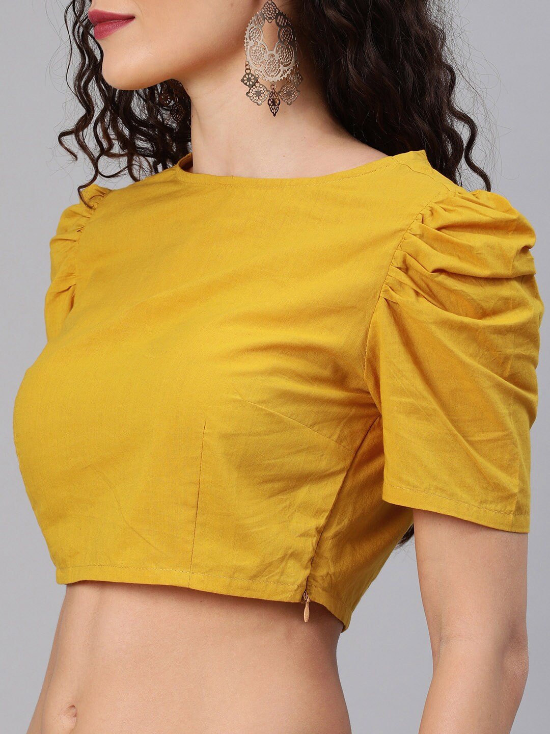 Women's Blue & Yellow Cotton Printed Saree With Wrap On Blouse