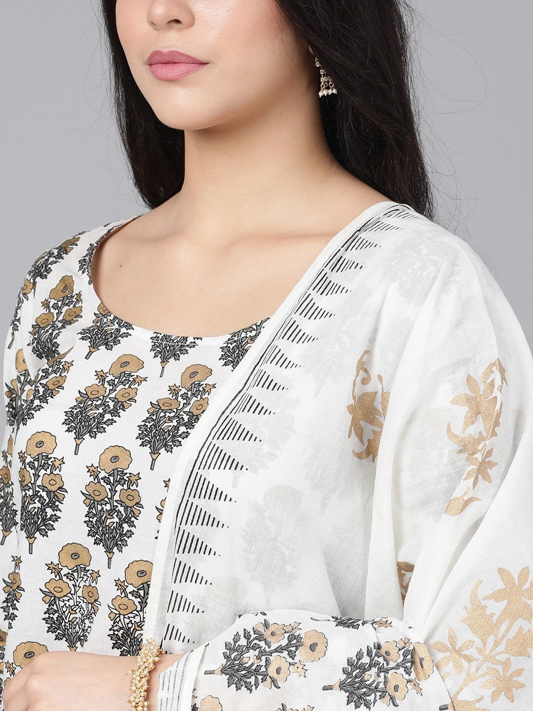 Women's  White & Gold-Toned Embroidered Kurta with Sharara & Dupatta