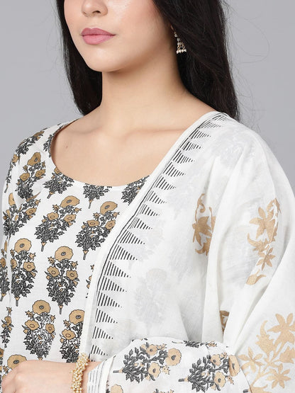 Women's  White & Gold-Toned Embroidered Kurta with Sharara & Dupatta