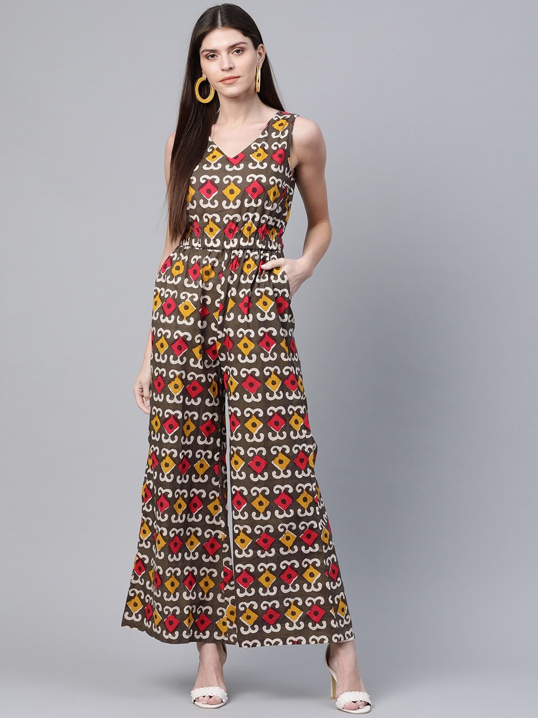Women's  Olive Brown & Red Printed Basic Jumpsuit