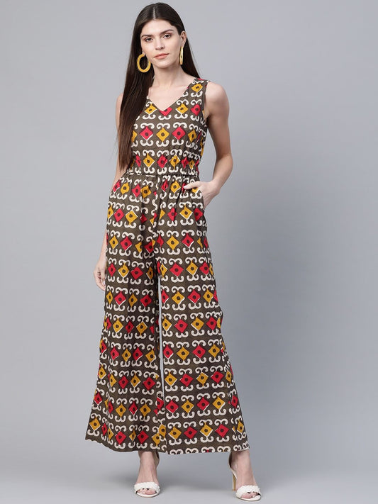 Women's  Olive Brown & Red Printed Basic Jumpsuit