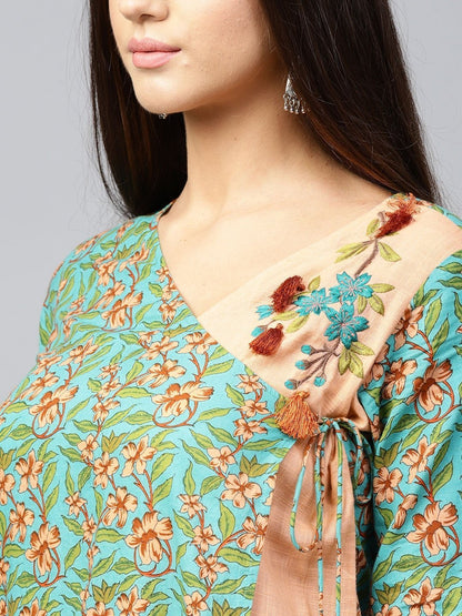 Women's Green & Peach Printed Kurta