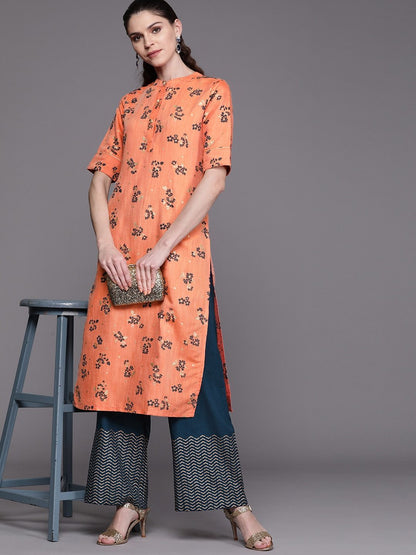 Women's  Peach-Coloured & Teal Blue Floral Print Kurta with Palazzos