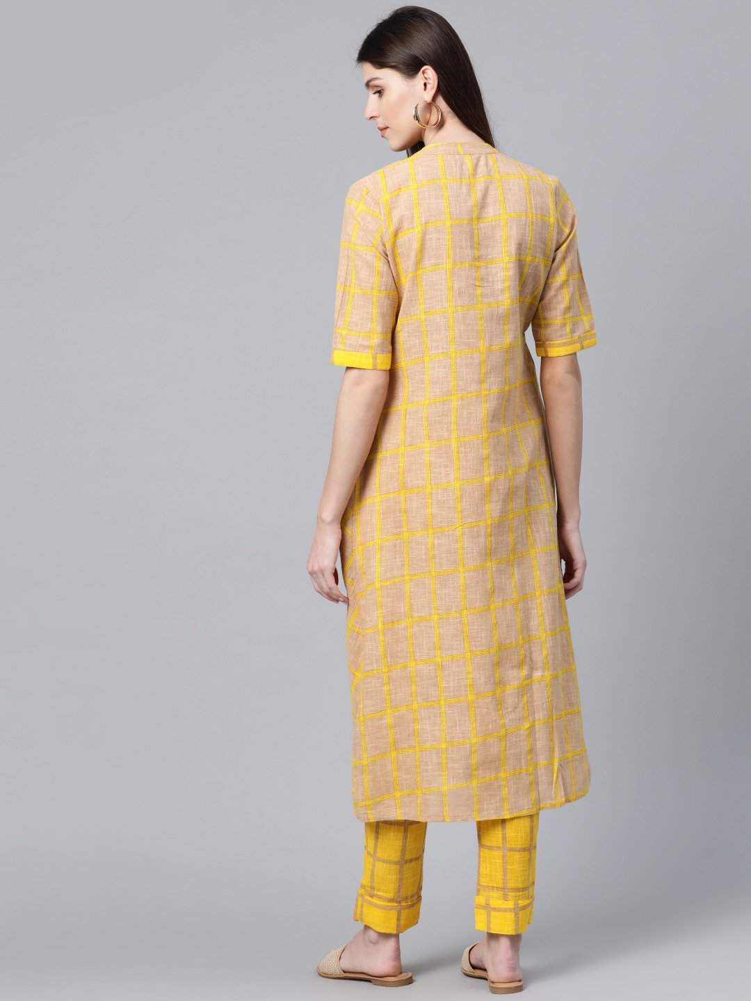 Women's  Beige & Mustard Yellow & Beige Checked Kurta with Trousers