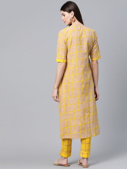 Women's  Beige & Mustard Yellow & Beige Checked Kurta with Trousers