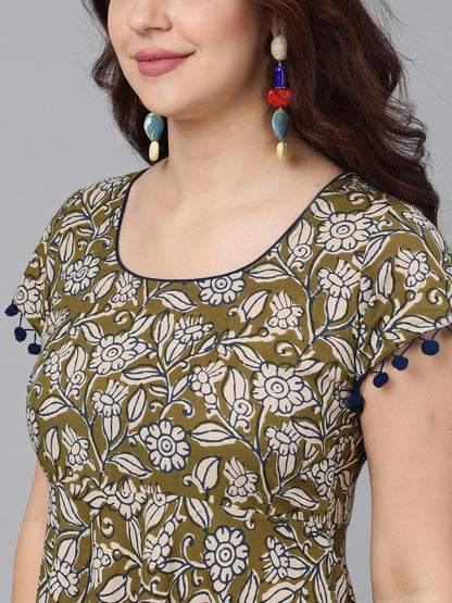 Women's  Olive Green & Beige Printed Maxi Dress