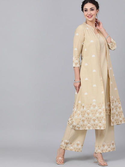 Women's  Beige Embroidered Kurta with Palazzos
