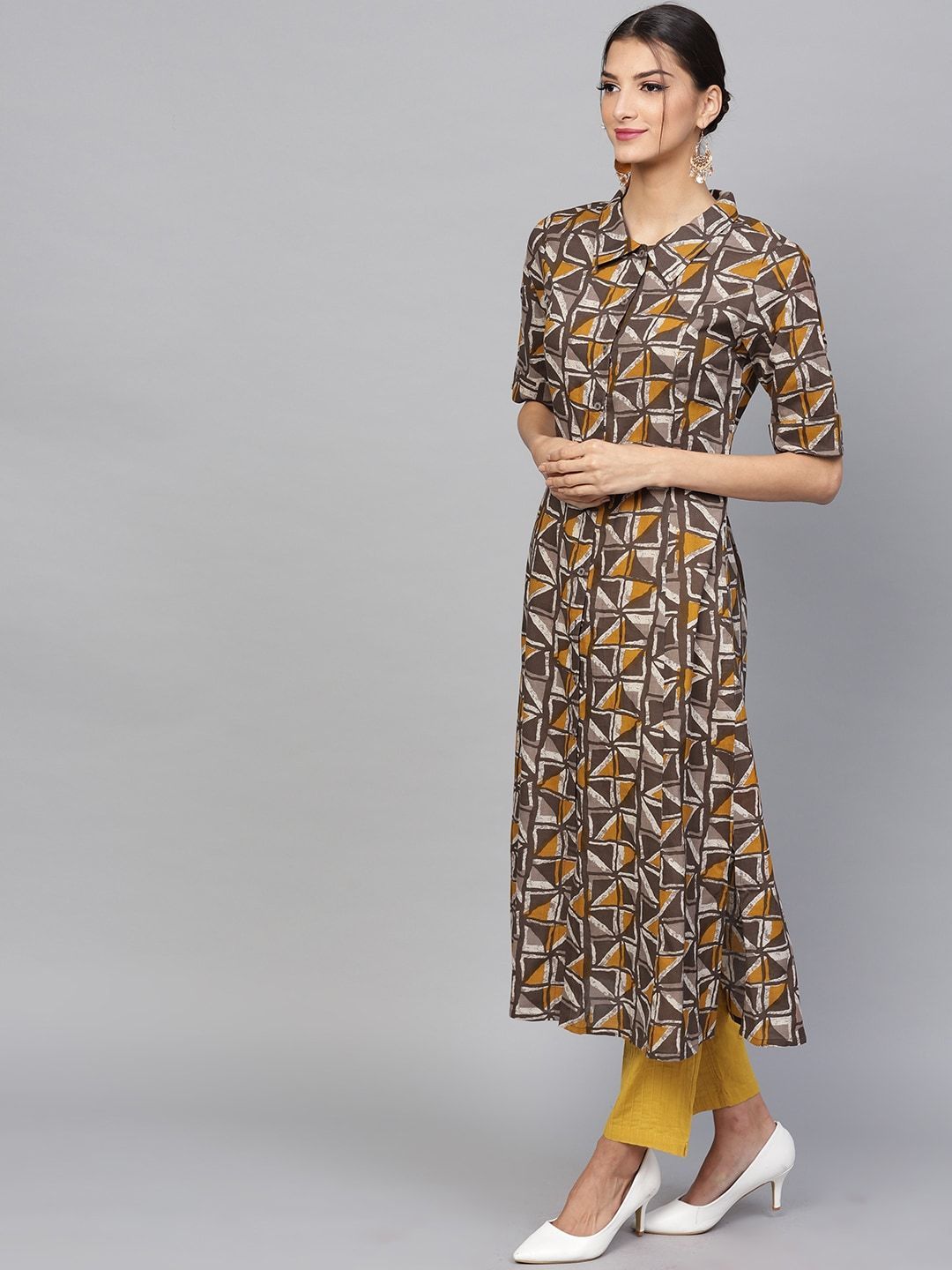 Women's  Taupe & Mustard Printed A-Line Kurta