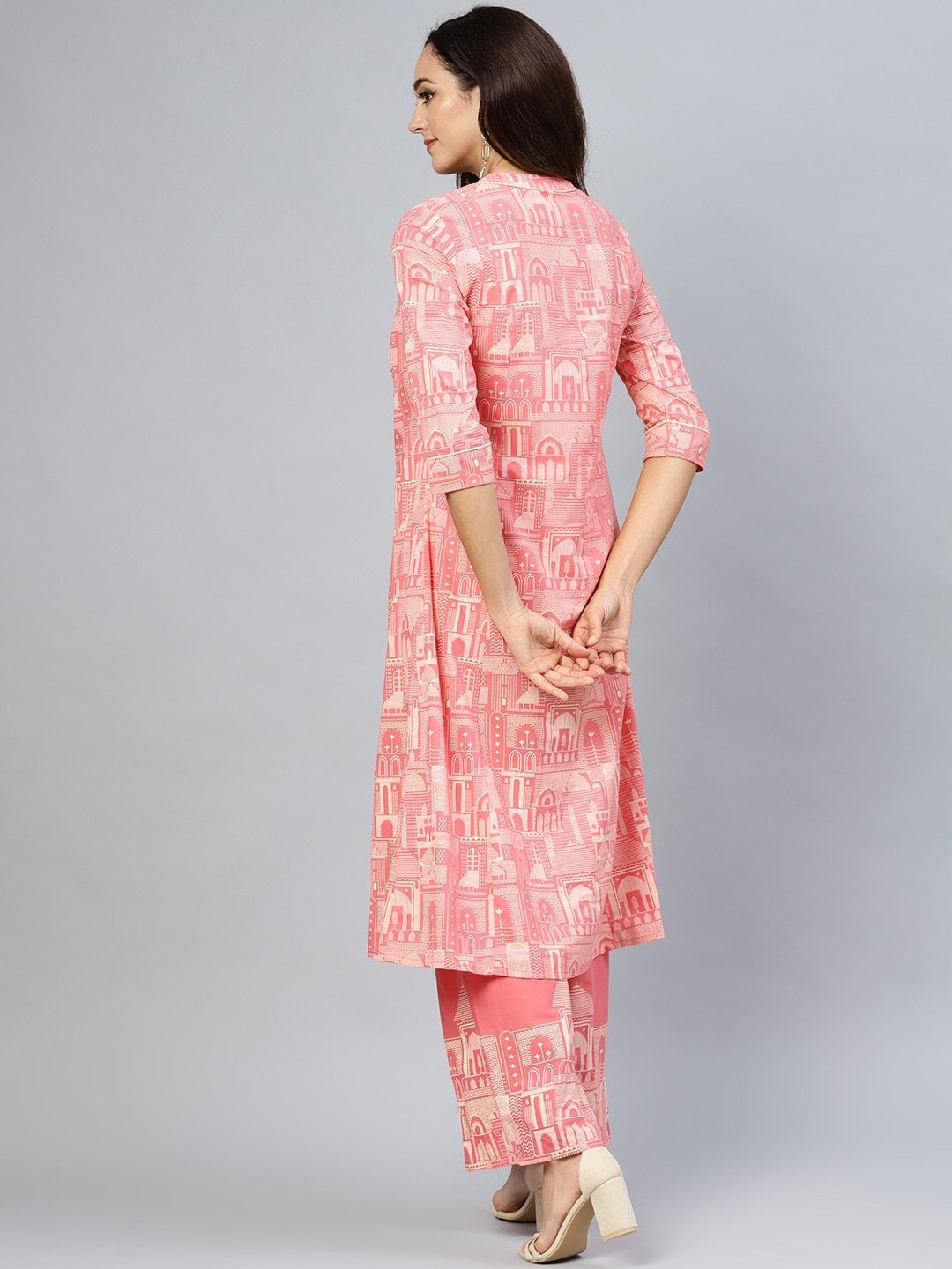 Women's  Pink & Off-White Khari Print Layered A-Line Kurta