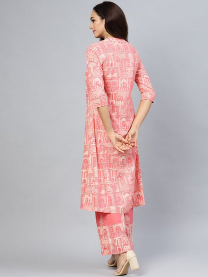 Women's  Pink & Off-White Khari Print Layered A-Line Kurta