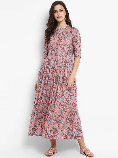 Women's Peach-Coloured Printed Maxi Dress