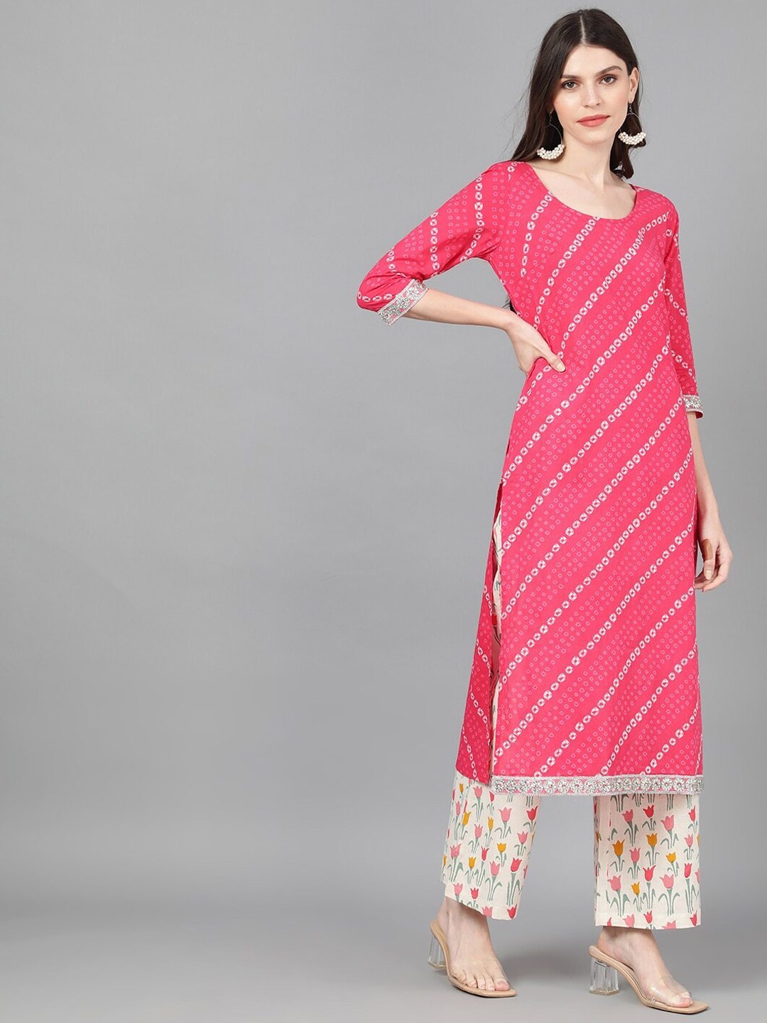Women's  Magenta & Off-White Printed Kurta with Palazzos