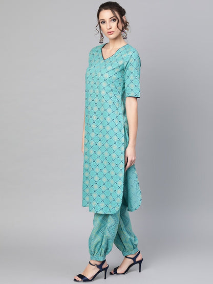 Women's  Blue Printed Kurta with Trousers