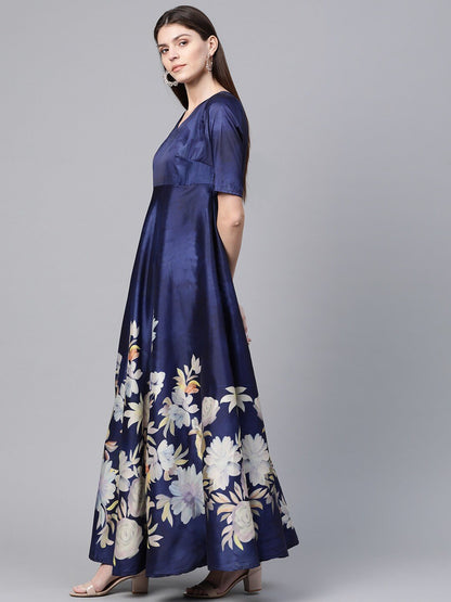 Women's  Navy Blue & White Digital Floral Print Maxi Dress