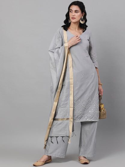 Women's  Grey Solid Kurta with Palazzos & Dupatta