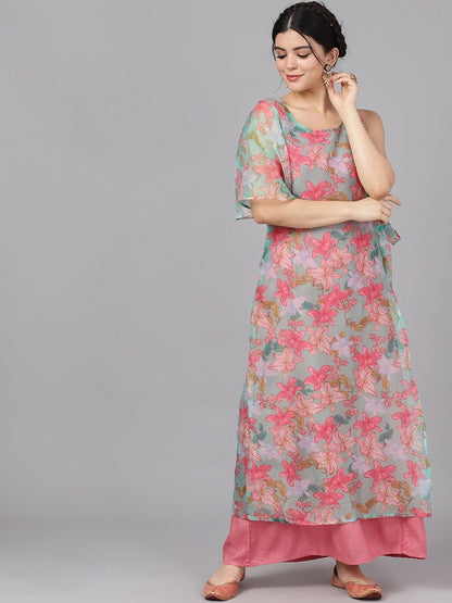 Women's  Pink Floral Print Layered Maxi Dress
