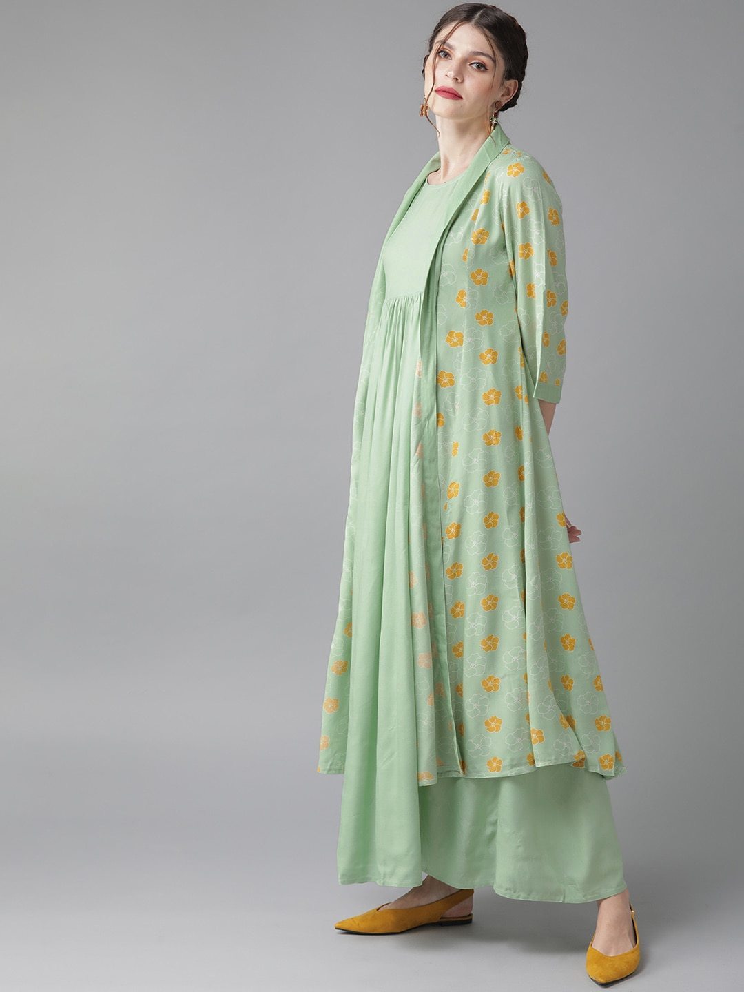 Women's  Green & Mustard Yellow Printed Layered Maxi Dress
