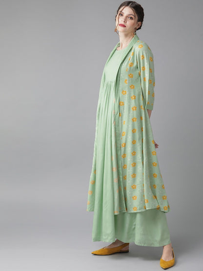 Women's  Green & Mustard Yellow Printed Layered Maxi Dress