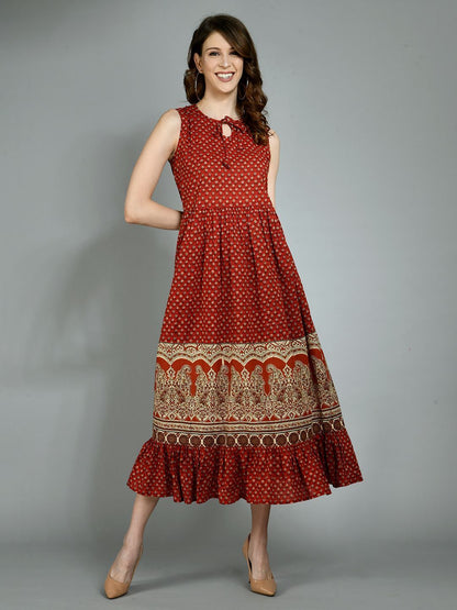 Women's Light Maroon Cotton Printed Sleeveless Round Neck Casual Dress
