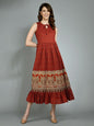 Women's Light Maroon Cotton Printed Sleeveless Round Neck Casual Dress