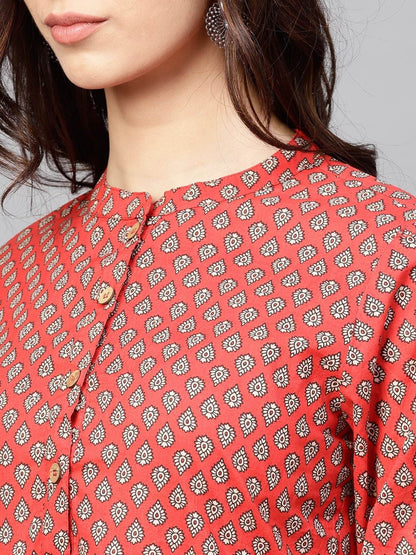Women's Red & Off-White Printed Tunic