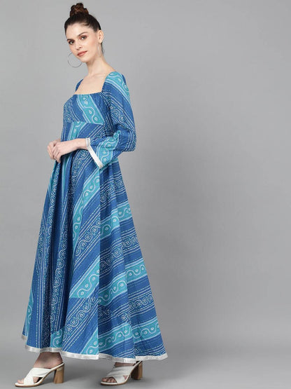 Women's  Blue Bandhani Printed Fit and Flare Dress