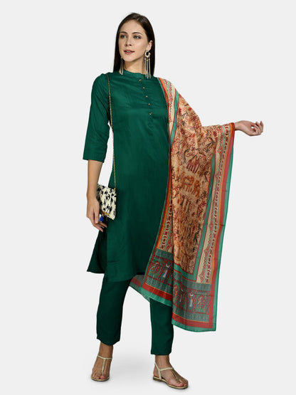Women's Green Silk Solid 3/4 Sleeve Round Neck Casual Kurta Pant Dupatta Set