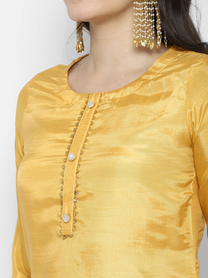Women's Yellow Color Silk Blend Straight Kurta Palazzo With Dupatta