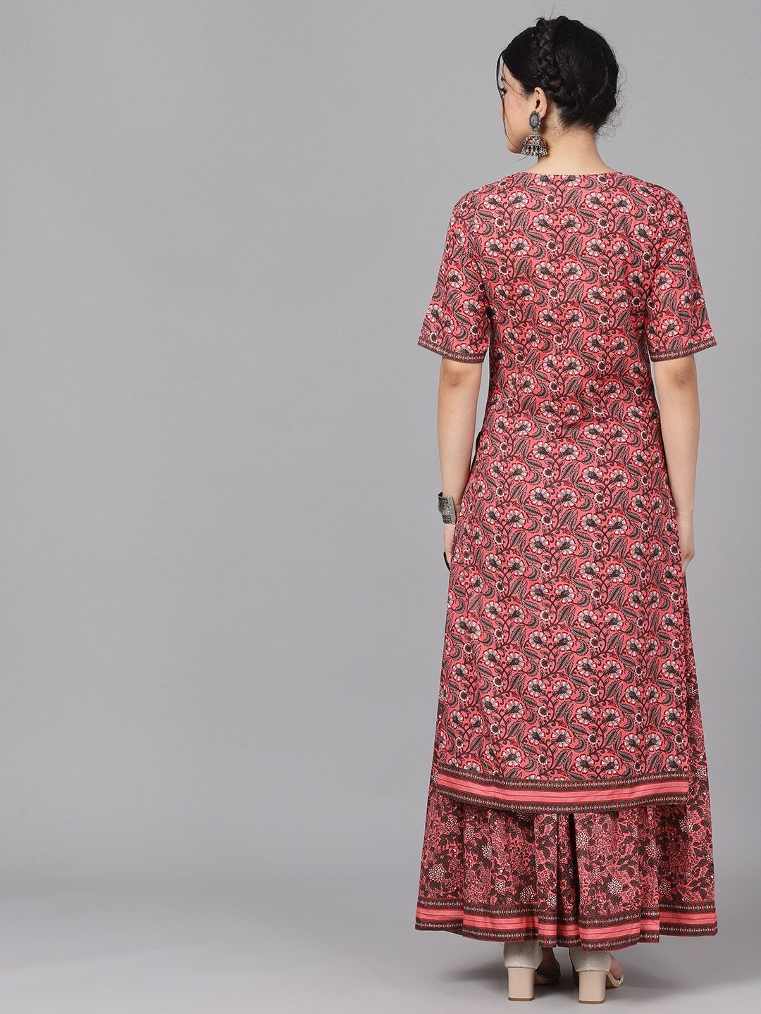 Women's  Mauve & Charcoal Grey Floral Print Kurta with Skirt