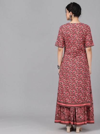 Women's  Mauve & Charcoal Grey Floral Print Kurta with Skirt