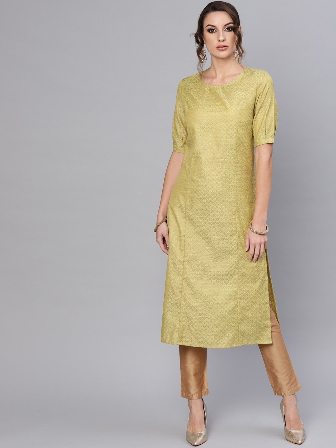 Women's  Green & Golden Woven Design Straight Kurta