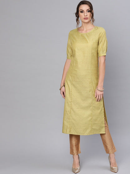 Women's  Green & Golden Woven Design Straight Kurta
