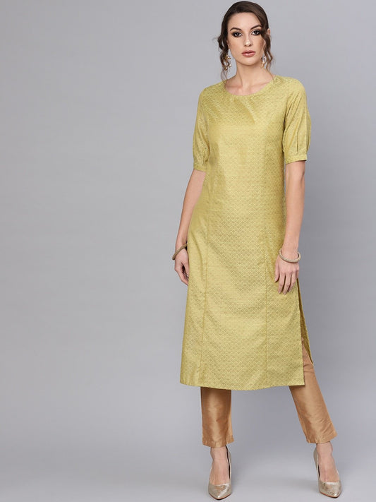 Women's  Green & Golden Woven Design Straight Kurta