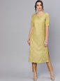 Women's  Green & Golden Woven Design Straight Kurta