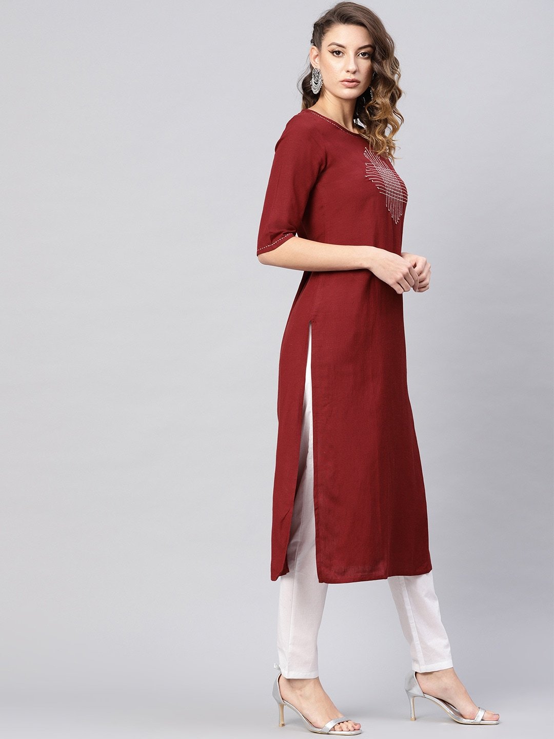 Women's  Maroon Yoke Design Straight Kurta