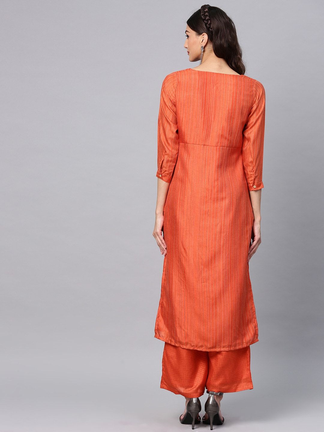 Women's  Orange Striped Kurta with Palazzos