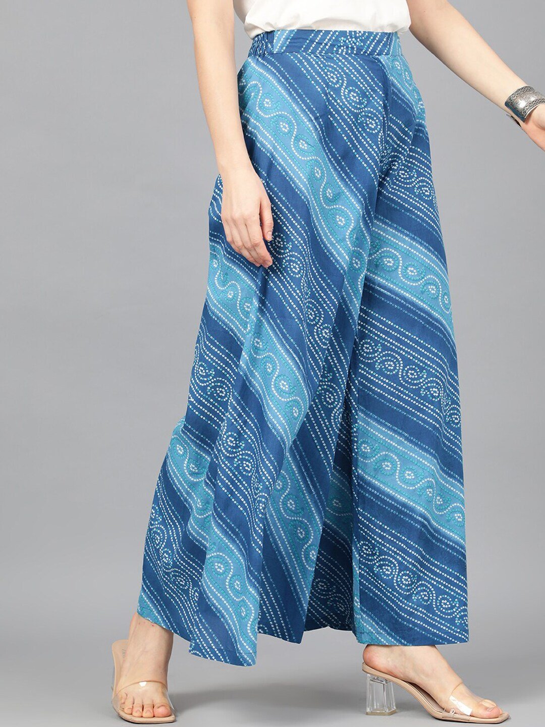 Women's  Blue Leheriya Printed Wide Leg Palazzos