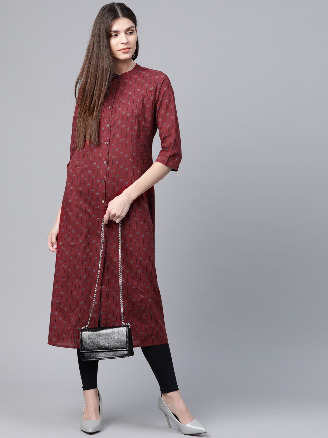 Women's  Maroon & Blue Printed A-Line Kurta