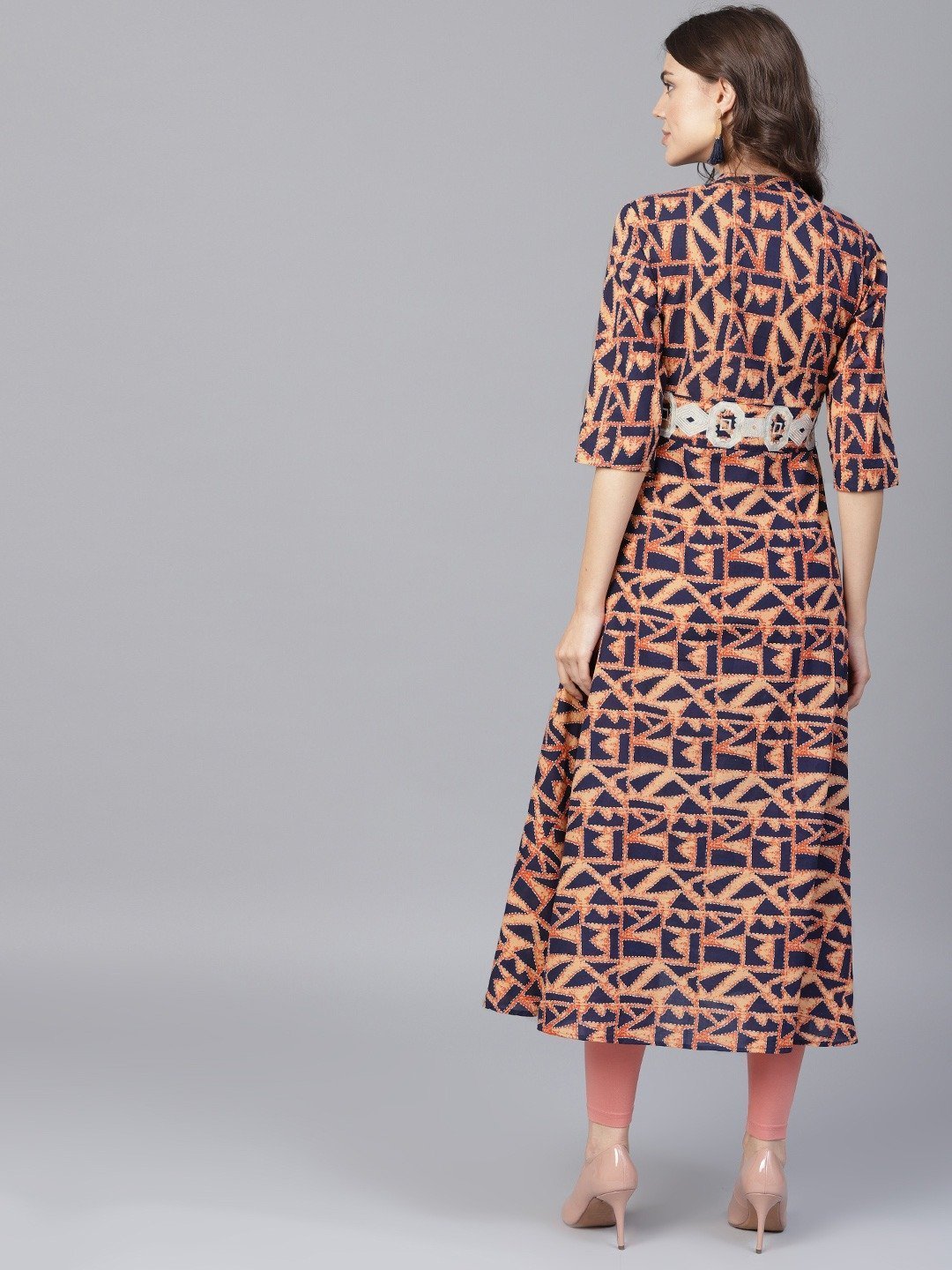 Women's Navy Blue & Peach A-Line Kurta