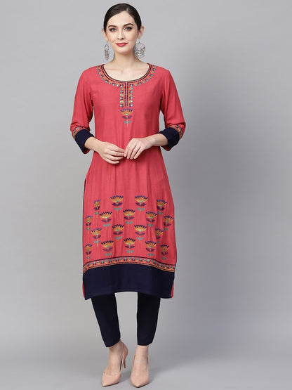 Women's  Pink Embroidered Straight Kurta