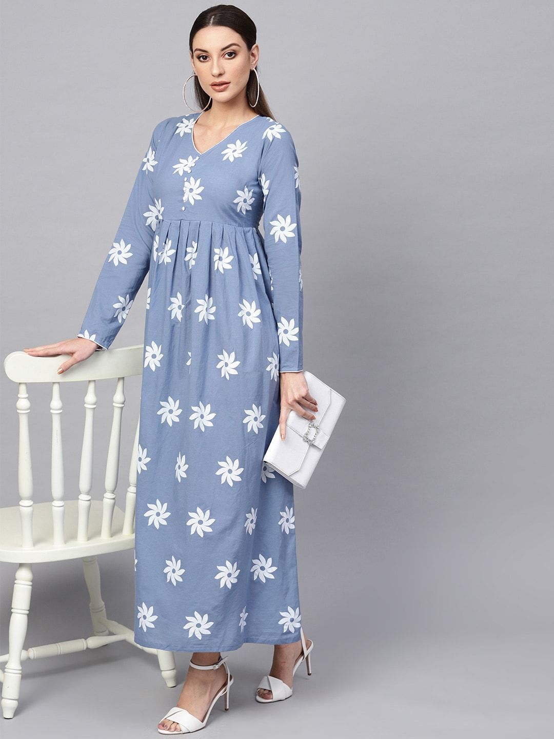 Women's  Blue & White Floral Khari Print Maxi Dress