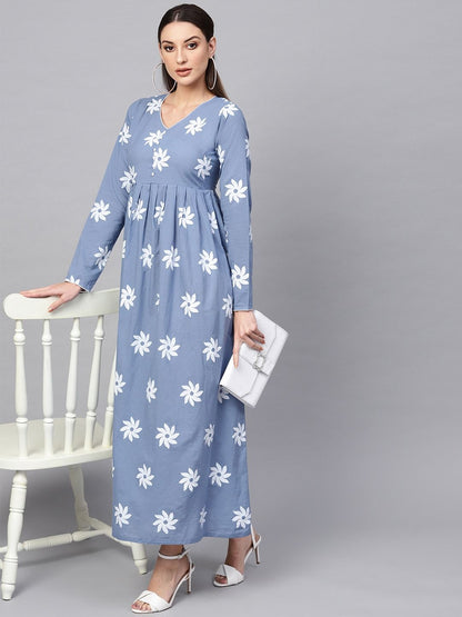 Women's  Blue & White Floral Khari Print Maxi Dress