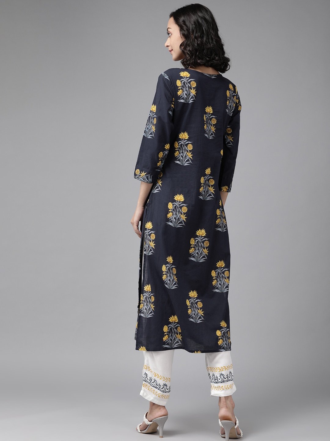 Women's Navy Blue & Mustard Kurta Set