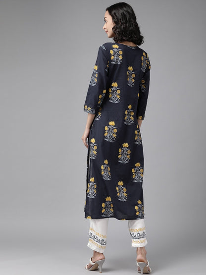 Women's Navy Blue & Mustard Kurta Set