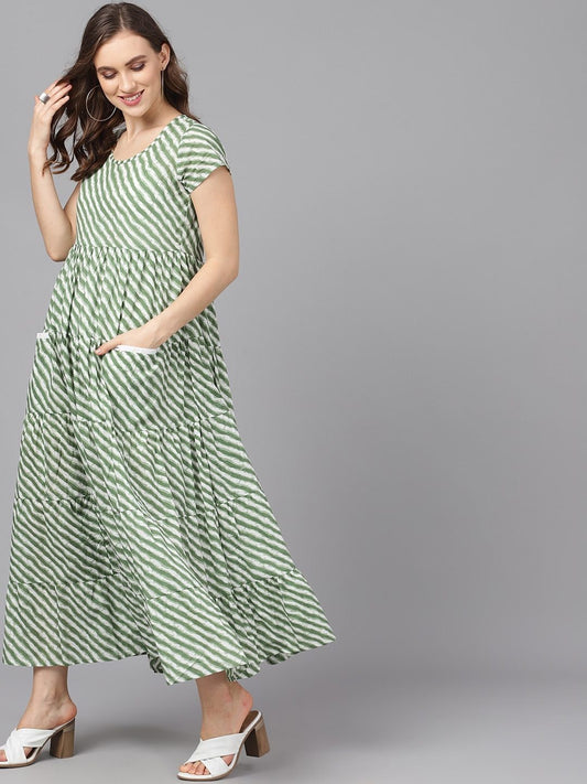 Women's  Green & White Striped Maxi Dress