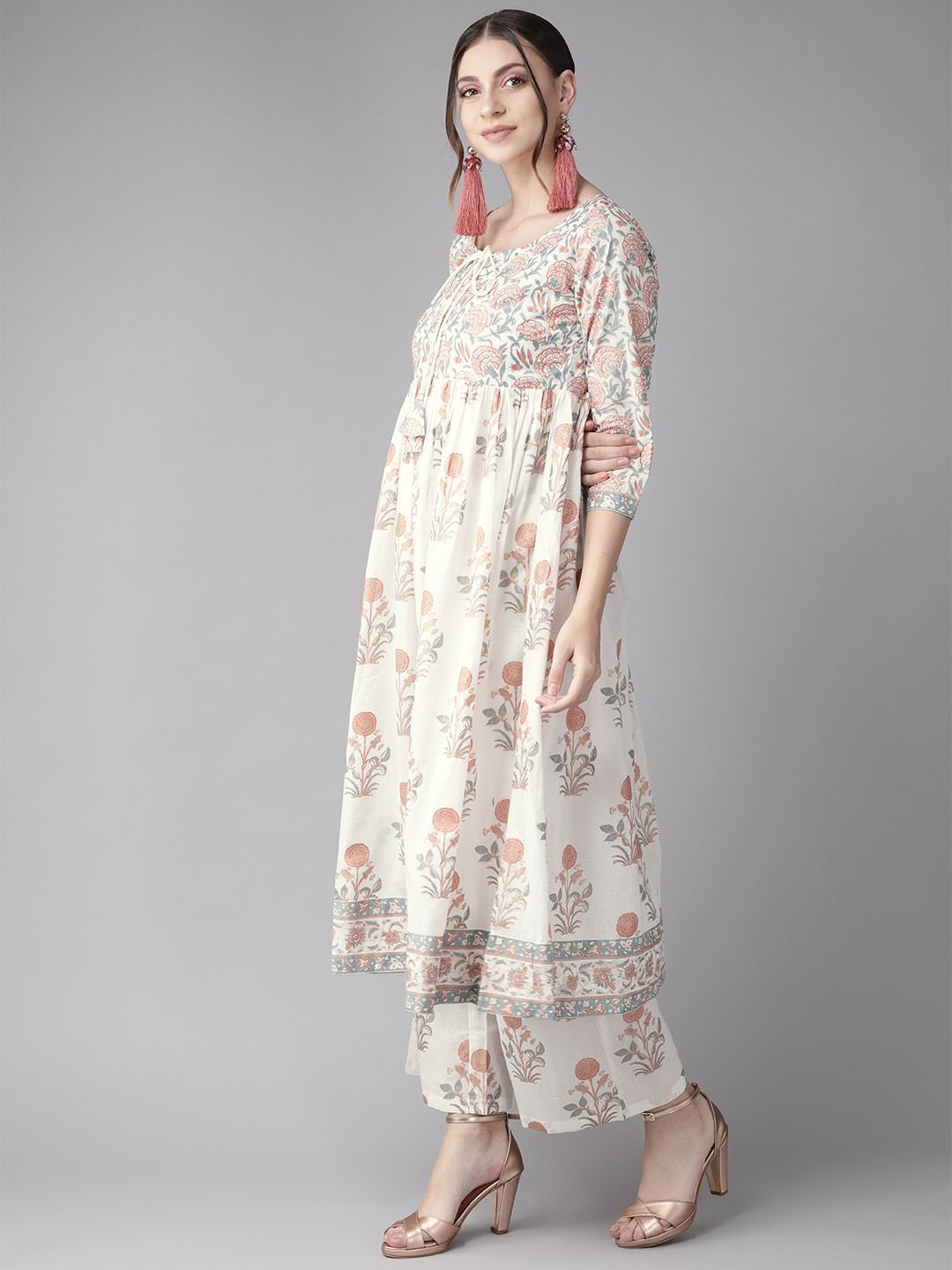 Women's  White & Rust Red Printed Anarkali Kurta