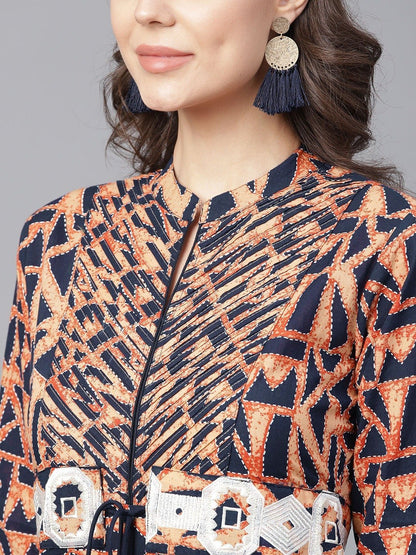 Women's Navy Blue & Peach A-Line Kurta