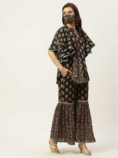 Women's Floral Print Tunic Sharara Set With Mask