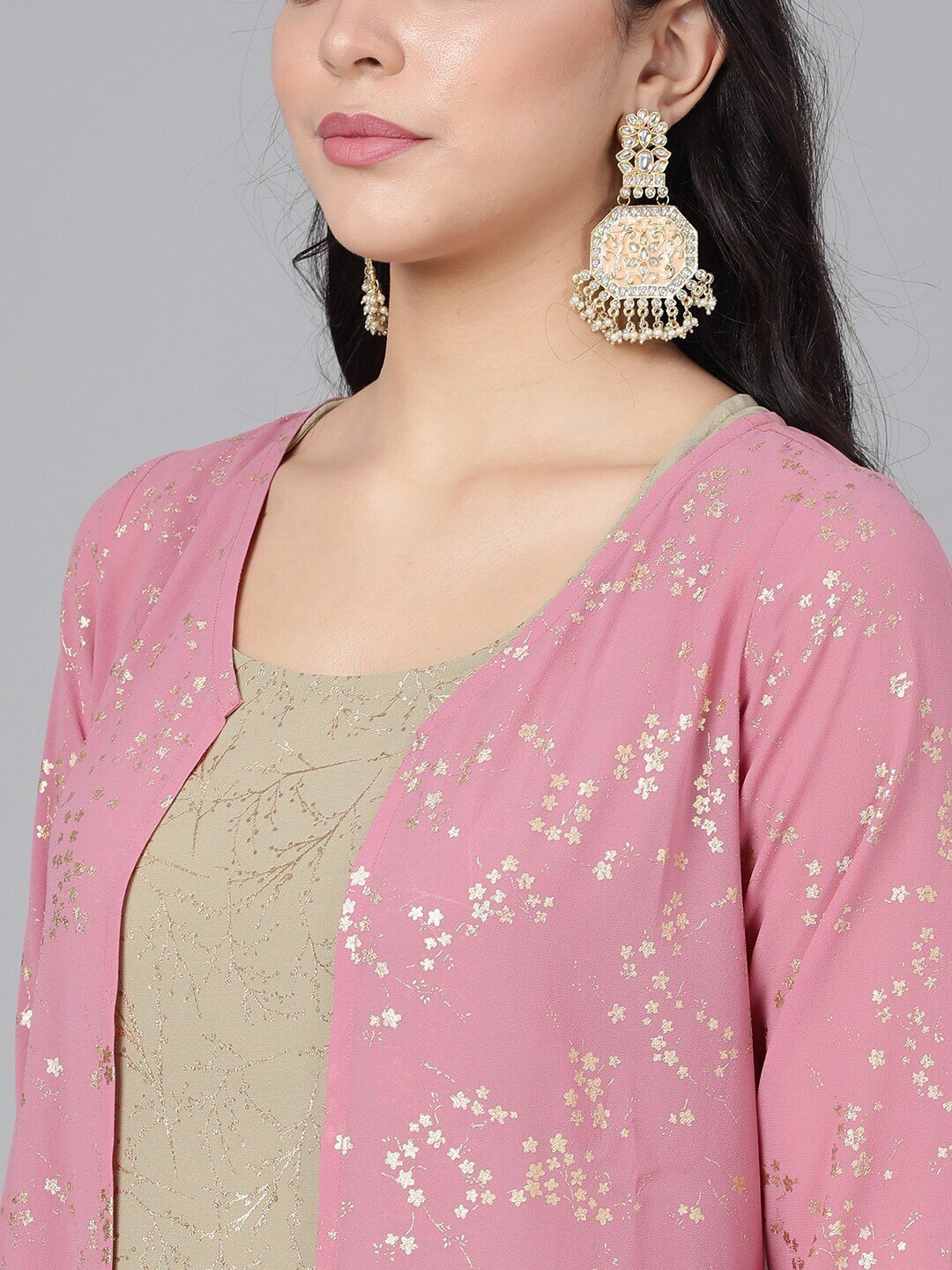 Women's  Pink & Olive Green Self Design Kurta with Palazzos