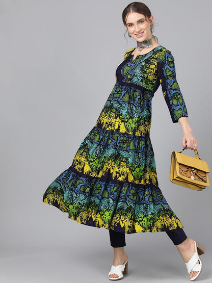 Women's  Navy Blue & Green Printed Anarkali Kurta